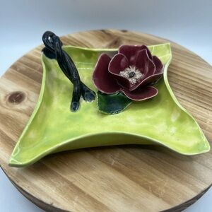 Artisan Green Ceramic Tray with Red Floral Design